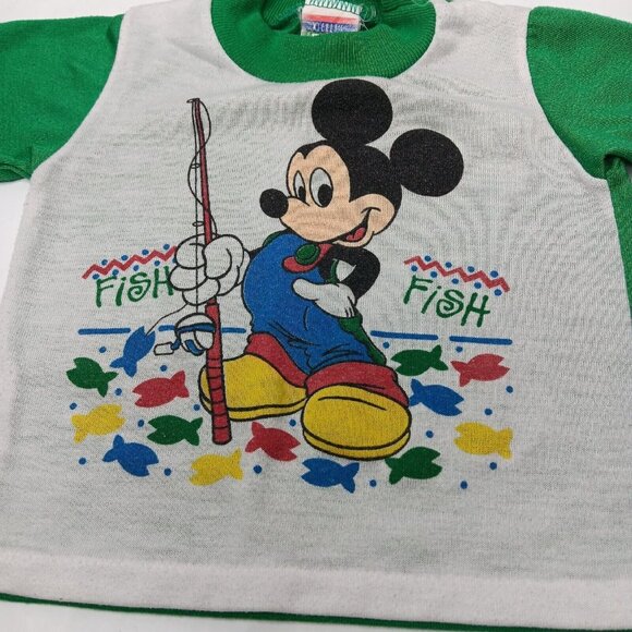 Vintage Mickey Mouse Pajamas Size 2T Toddler Short Sleeve Pant Set Green Fishing - Picture 3 of 12